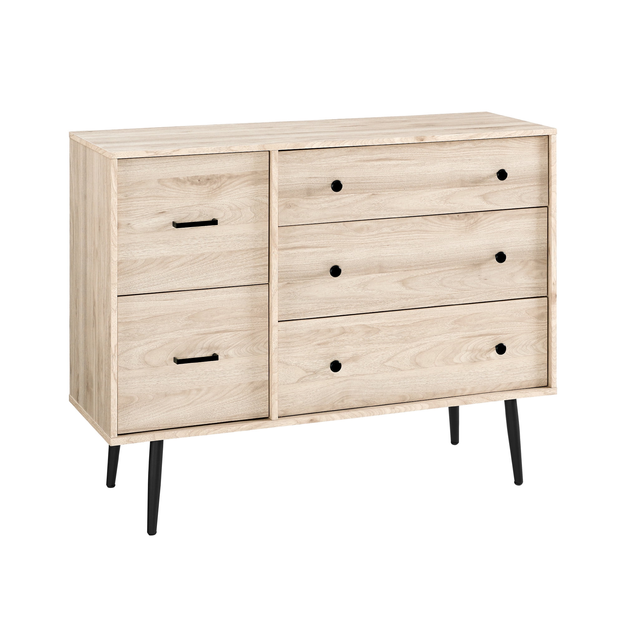 Walker Edison Modern Asymmetric 5 Drawer Wood Dresser, Birch