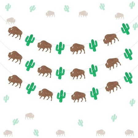 Buffalo Bison Banner, 3pcs Buffalo Bison Birthday Baby Shower Decorations Banner Garland for Western Theme Mountain Cactus Boy Girl Birthday Baby Shower