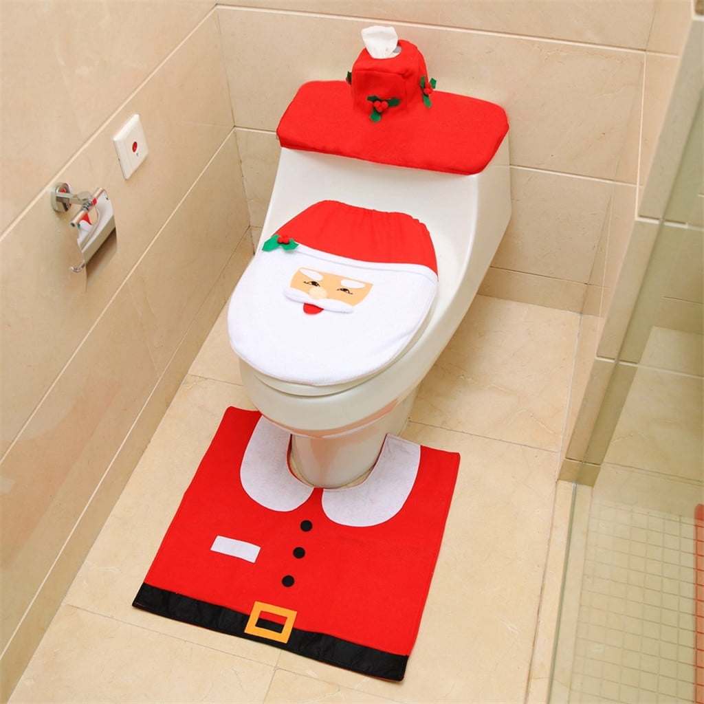 3p Santa Commode Set Toilet Seat Cover Rug Christmas Holiday Bath Decor