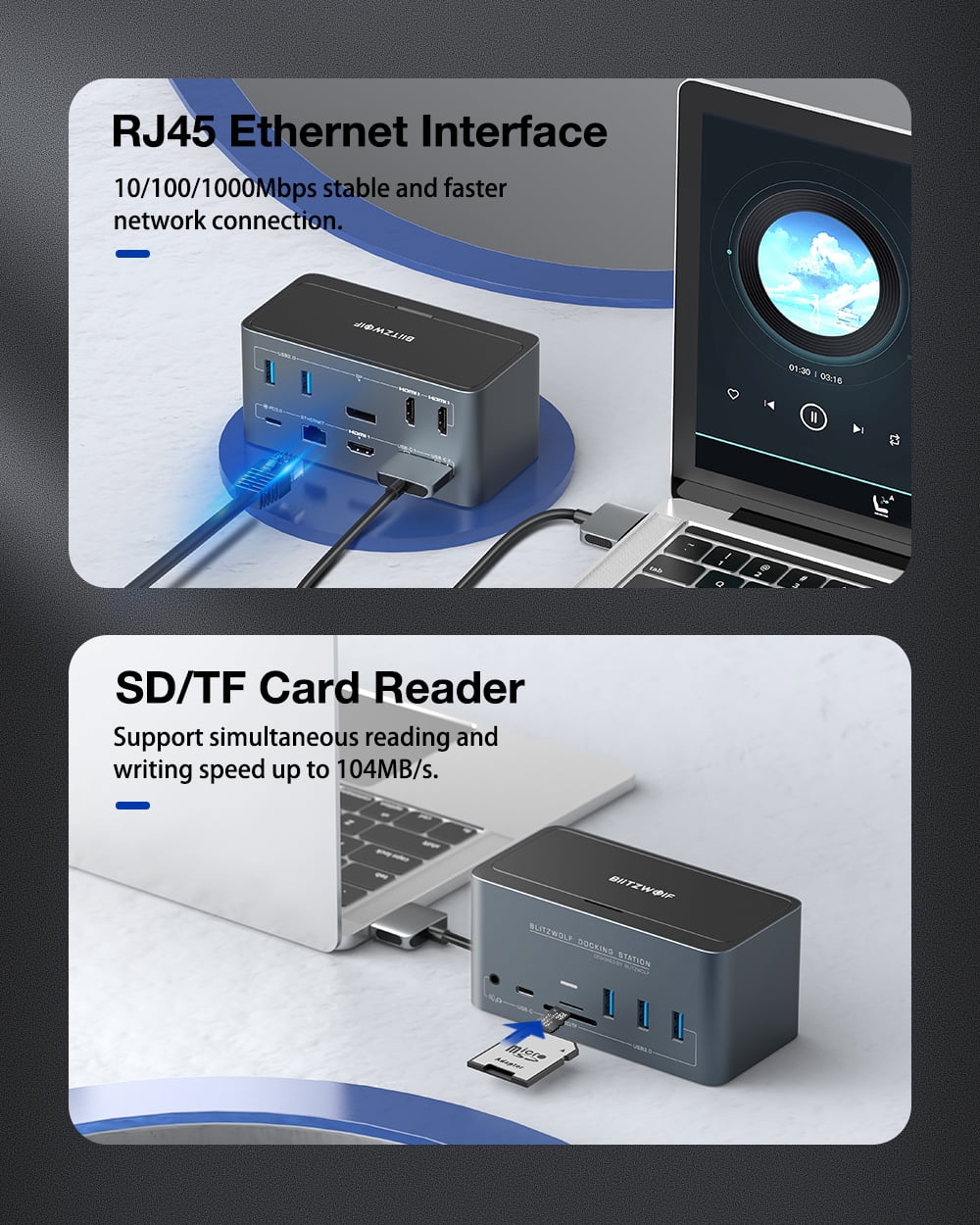 "BlitzWolf 18 in1 Docking Station with M.2 SSD Enclosure, Support Quadruple Display, Universal Laptop PC Computer Docking Station for Mac/Windows/Thunderbolt 3 Dock"