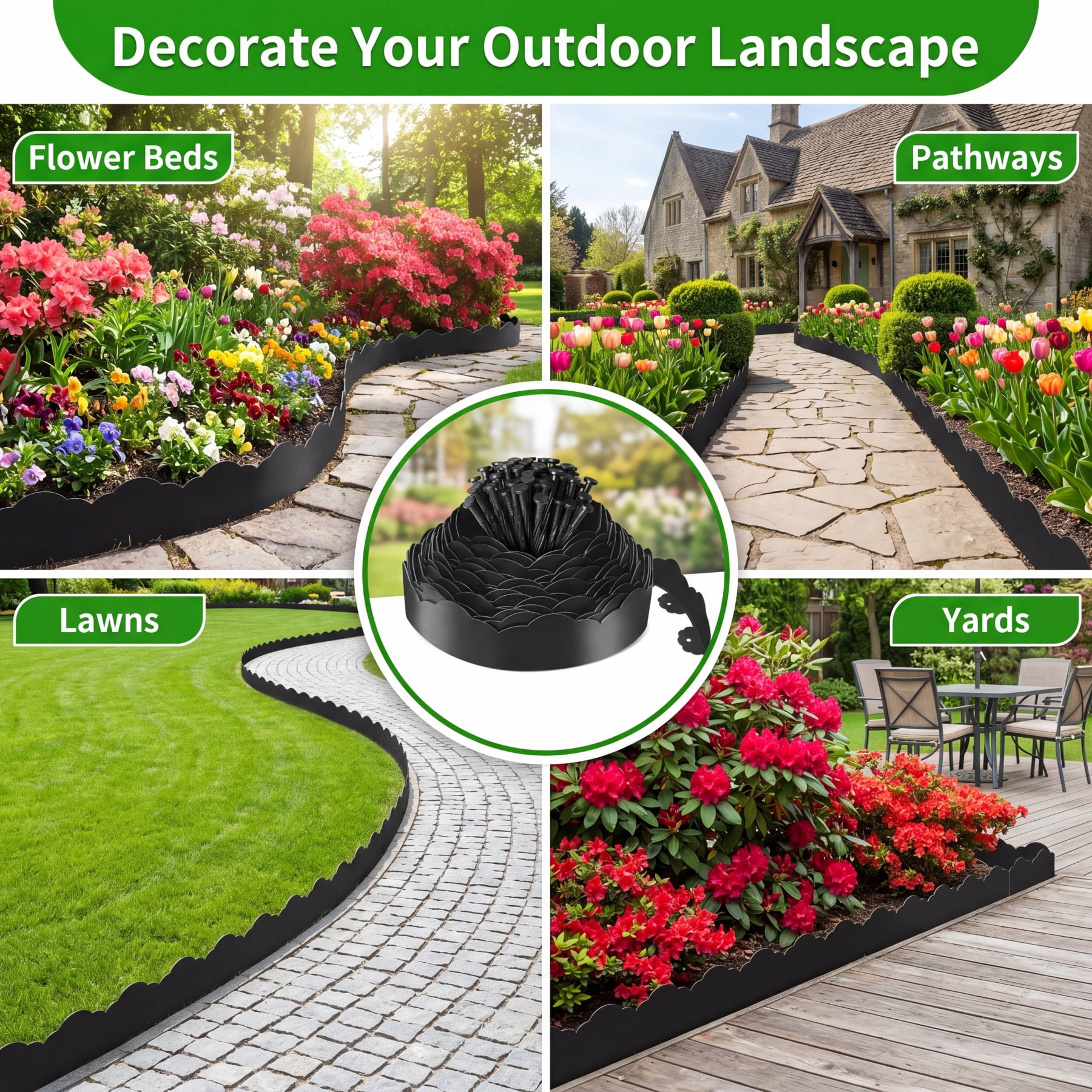 60FT Garden Edging, Heavy‑Duty Landscape Edging Border Kit with Elegant Cloud Design and 72 Anchoring Pegs, Paver Edging for Gardens, Lawn