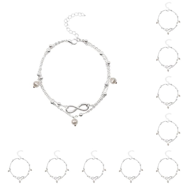 Qarigey Niñas tobillera pie adorno pies cadenas para vestido decoración perla/8 formas plata Perla/forma 8 Plata 10piezas Qarigey CBP200246