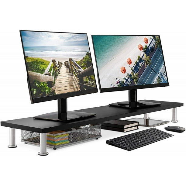 Large Dual Monitor Stand for Computer Screens Solid Bamboo Supports
