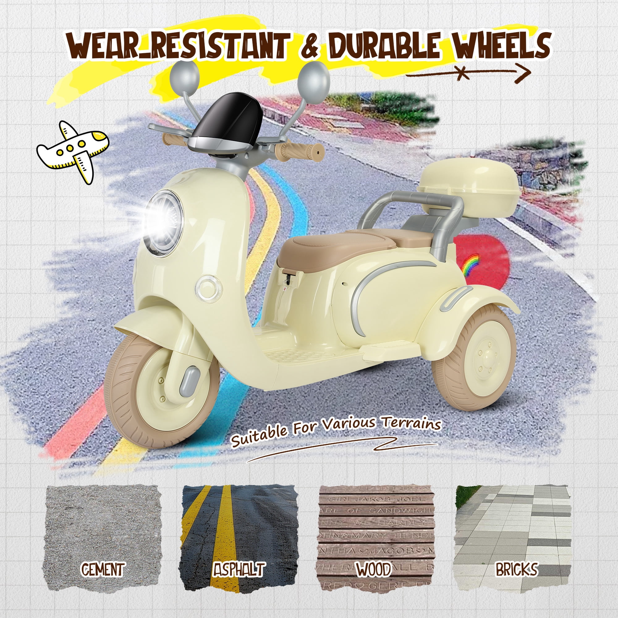 Letsgokid 2 Seater Electric Motorcycle, 12V Ride On Motorcycle with USB, Music, Bluetooth, Light, Big Storage Box, Motorcycle for Kids 3+