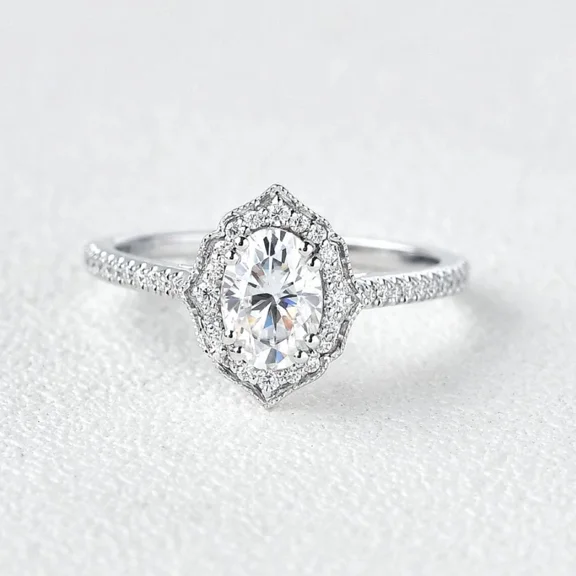 Vintage Oval Cut Diamond Engagement Ring, 1.6 Ct Simulated Diamond, Halo Diamond Wedding Ring, 14K White Gold Plated, Pave Diamond Accents Anniversary Ring