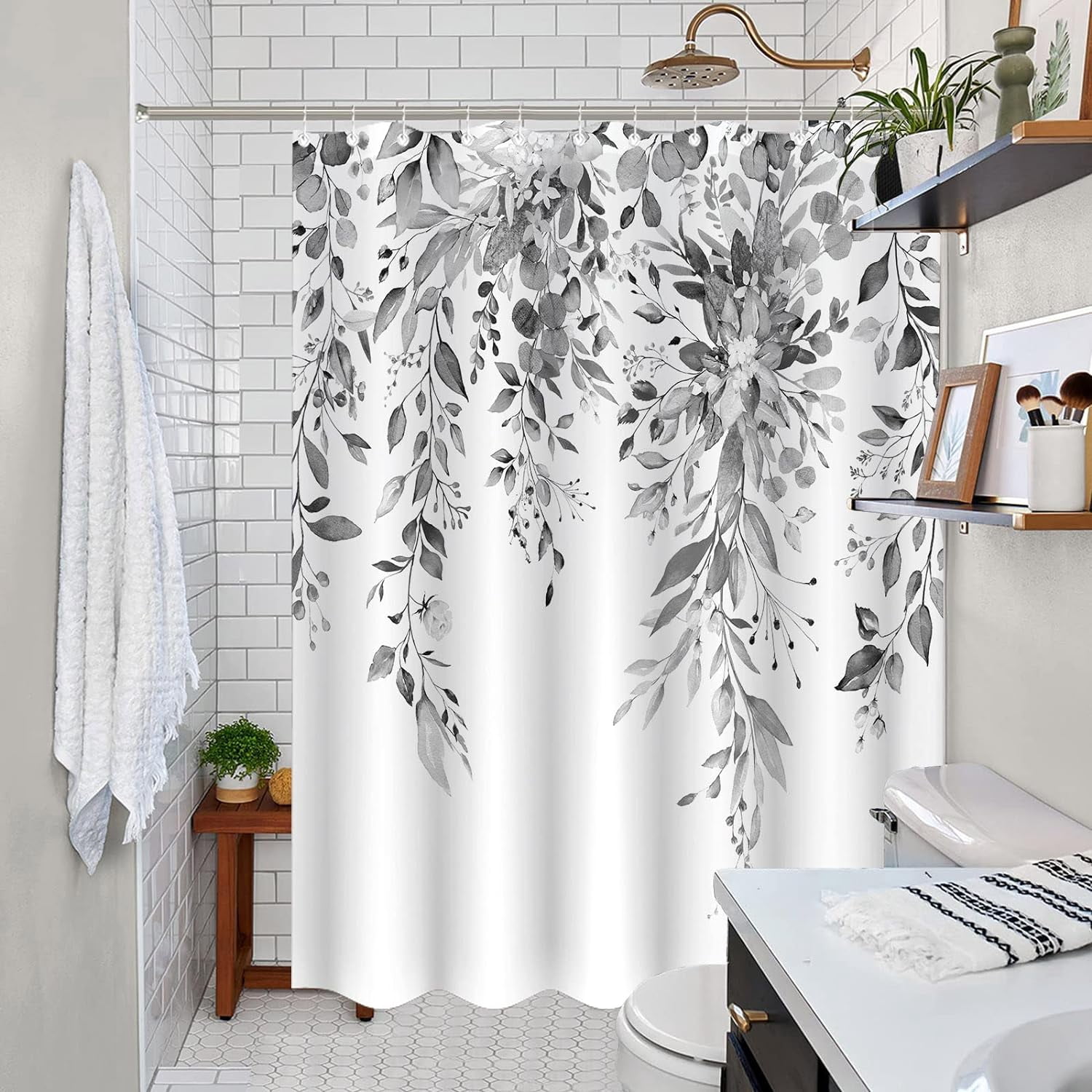 Gray and White Eucalyptus Shower Curtain Watercolor Grey Floral Plant Leaf Shower Curtains for Bathroom Botanical Flower Waterproof Fabric Bath Curtain Decor with Hooks (Black, 72'''' x 72'''')
