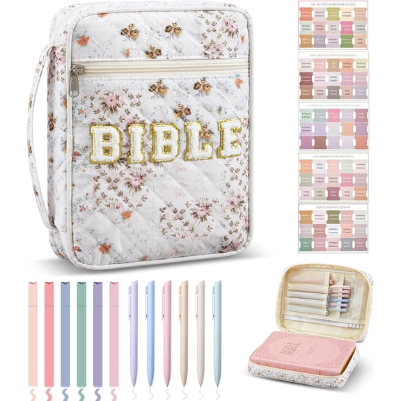 Quilted Bible Cover Case for Women Large Carrying Bag Book Tote Bags Bible Bag with Handle Bible Study Supplies Christian Gifts  for Church Religious with Organizer Tabs 6 Colored Pens 6 Highlighters