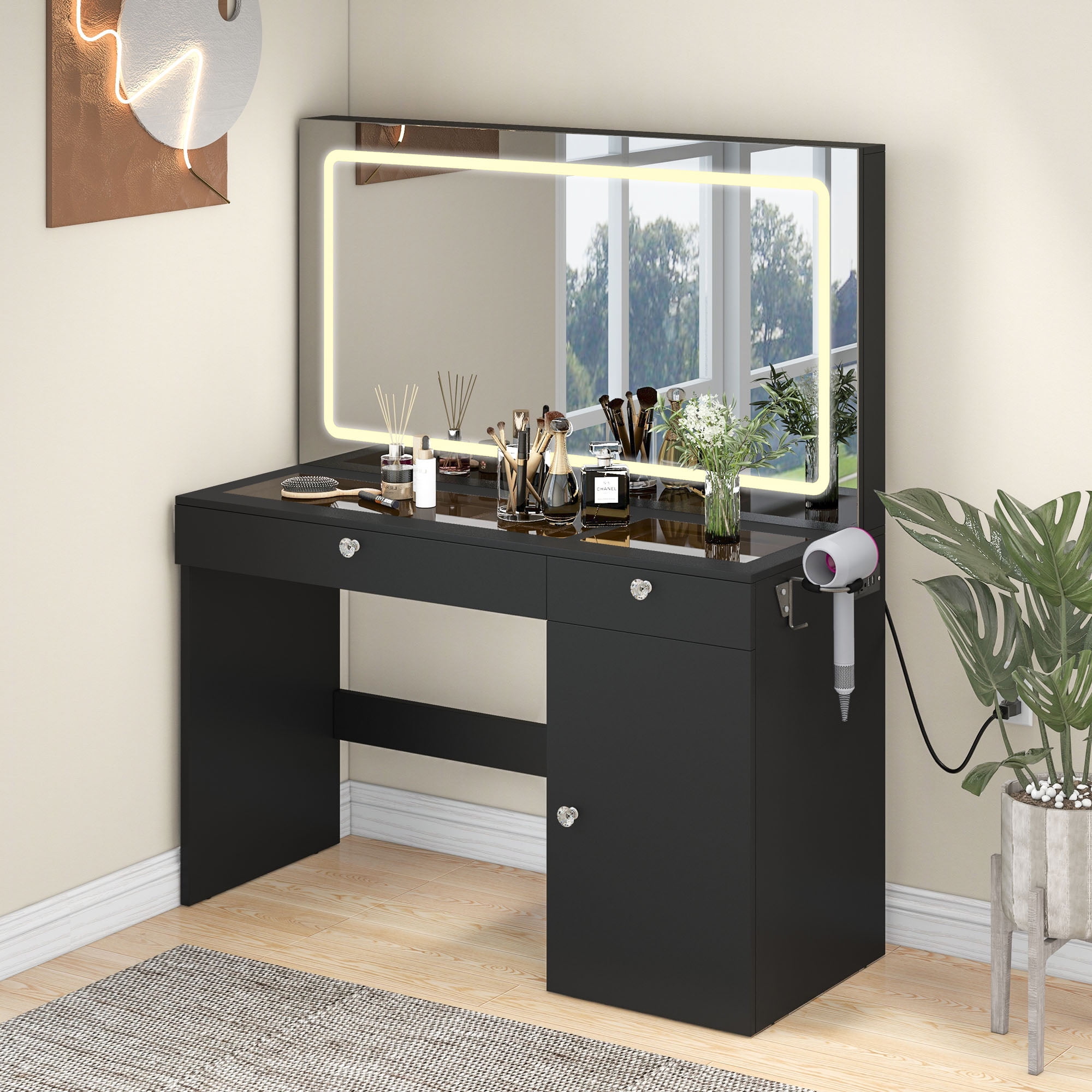 Uforic Modern Vanity Desk with LED Lighted Mirror & Power Outlet, Makeup Vanity Table with Drawers & Cabinet , Bedroom Dressing Vanity with Dividers and Hair Dryer Rack, Black