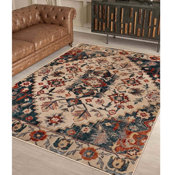 BNM Vintage Southwestern Indoor Area Rug, 8' x 10', Ivory/ Teal
