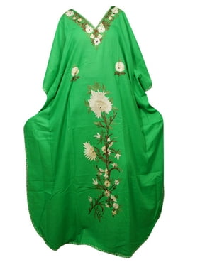 Mogul Women's Green Caftan Dress Boho Embellished Long Maxi Kaftan One Size