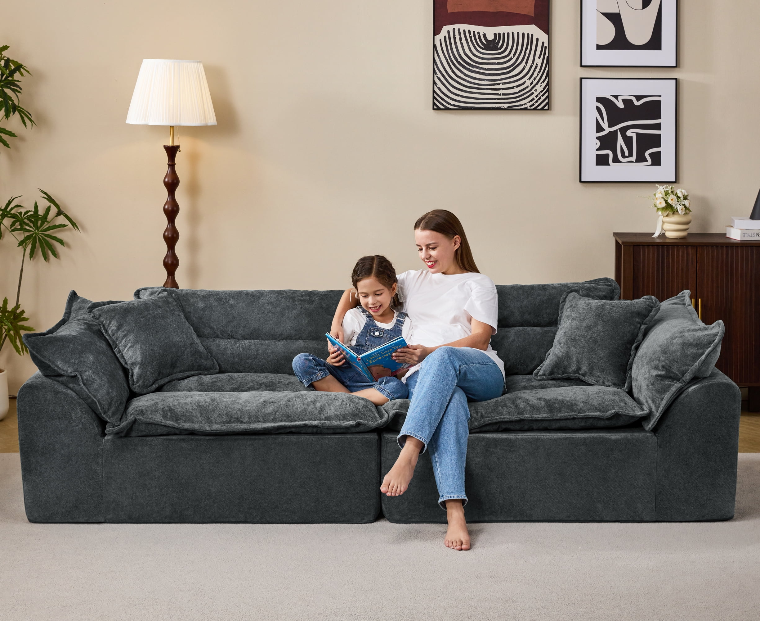 Hobestluk 104" Sectional Sofa Couches 3 Seater Modular Sofa, Cloud Couch with Removable Cushion, Boneless Couch, Modular Sectional Couches for Living Room (Dark Grey)