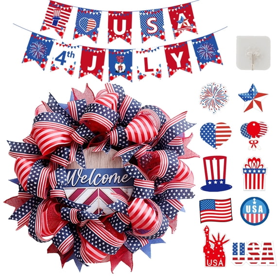 SPOKKI 15.7 inch Independence Day Wreath for Front Door, 4th of July Independence Day Flag pennant Banner Heart Shape Tag Hook Decoration for Home (Red)