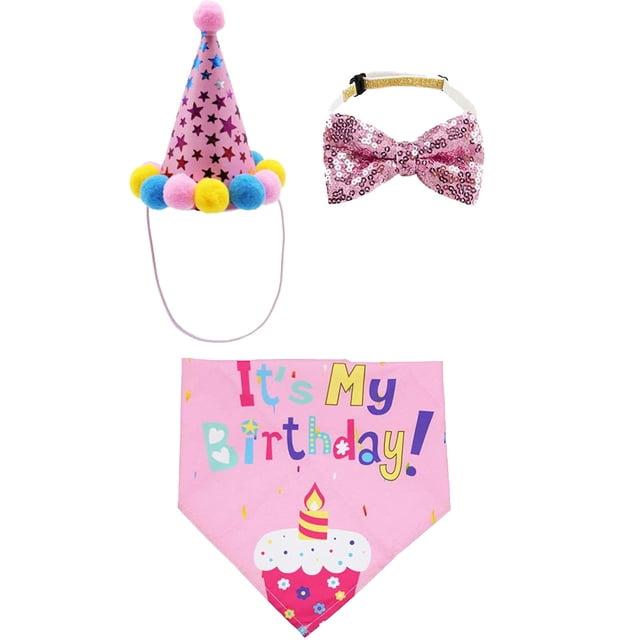 Dog Birthday Outfit Set - Bandana, Hat & Bow Tie - Soft Fabric for Parties/Photos - Accessory Set for Small Dogs