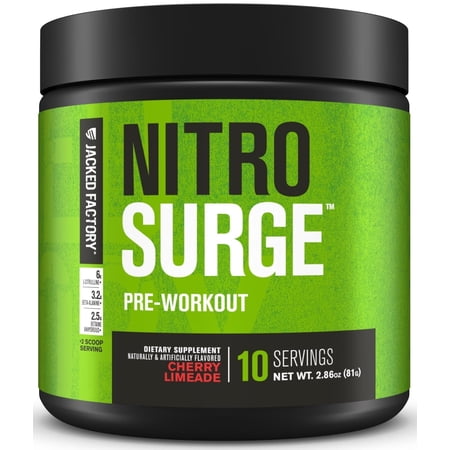 Jacked Factory NITROSURGE Pre Workout Supplement - Endless Energy, Instant Strength Gains, Clear Focus, Intense Pumps - NO Booster & Preworkout Powder with Beta Alanine - 10 Servings, Cherry Limeade