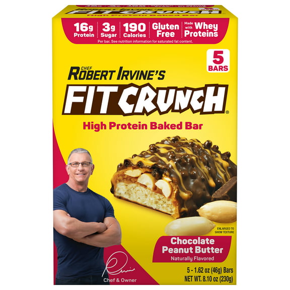 FITCRUNCH Chocolate Peanut Butter, High Protein Baked Bar, 16g Protein, 5ct