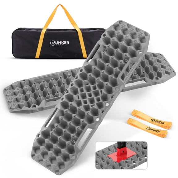 BUNKER INDUST Off-Road Traction Boards with Jack Base, Pair Recovery Tracks 4X4 Jeep Truck Tire Traction Mat with Bag - Sand,Mud,Snow Ladder Ramps(Grey)