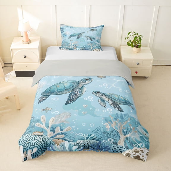 spefrowx Watercolor Sea Turtle Twin Duvet Cover for Kids Boys Girls, Blue Coral Wildlife Twin Bedding, Gray Reversible, 2-Piece, 1 Duvet Cover and 1 Pillowcase