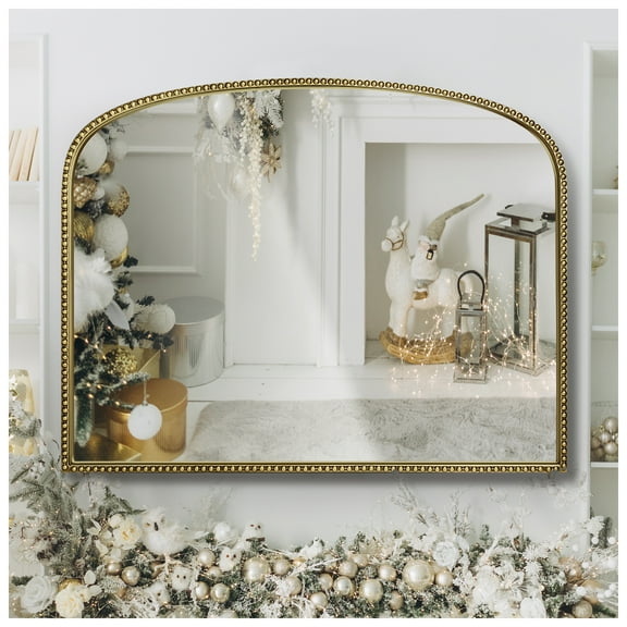 Wemily Antique Gold Arched Wall Mirror - 36"x28" with Metal Beaded Frame | Decorative Accent Mirror for Fireplace, Bedroom, Living Room, Dresser, Mantle