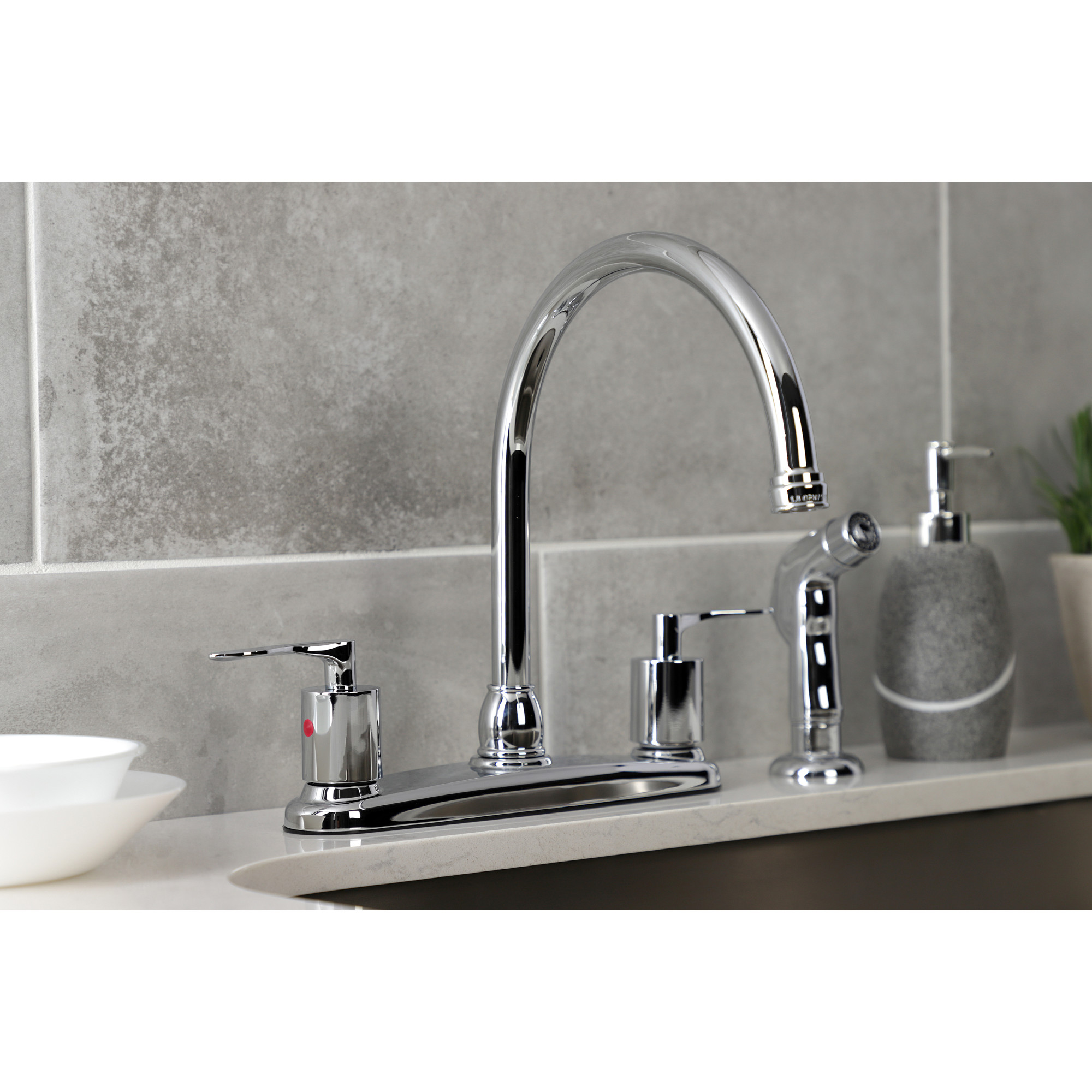 Kingston FB791SVLSP Serena Two-Handle 4-Hole 8" Centerset Kitchen Faucet with Side Sprayer in Polished Chrome