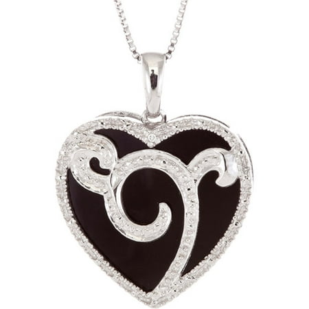 7.13 Carat T.G.W. Onyx and Diamond Accent Sterling Silver Heart Pendant, 18