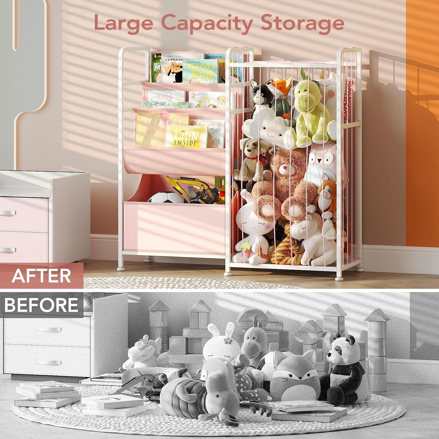 Kids Bookshelf and Stuffed Animal Storage - Multi-Function Nursery Book Shelves with Toy Box and PVC Book Display, Toy Organizer for Playroom, Bedroom, Nursery, Pink