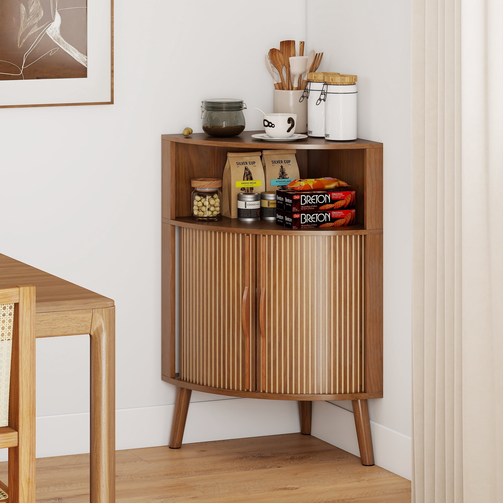 Fluted Bathroom Corner Storage Cabinet, Small Corner Floor Cabinet with Doors and Shelves, Freestanding Narrow Cabinets Organizer for Bathroom, Living Room, Kitchen, Walnut