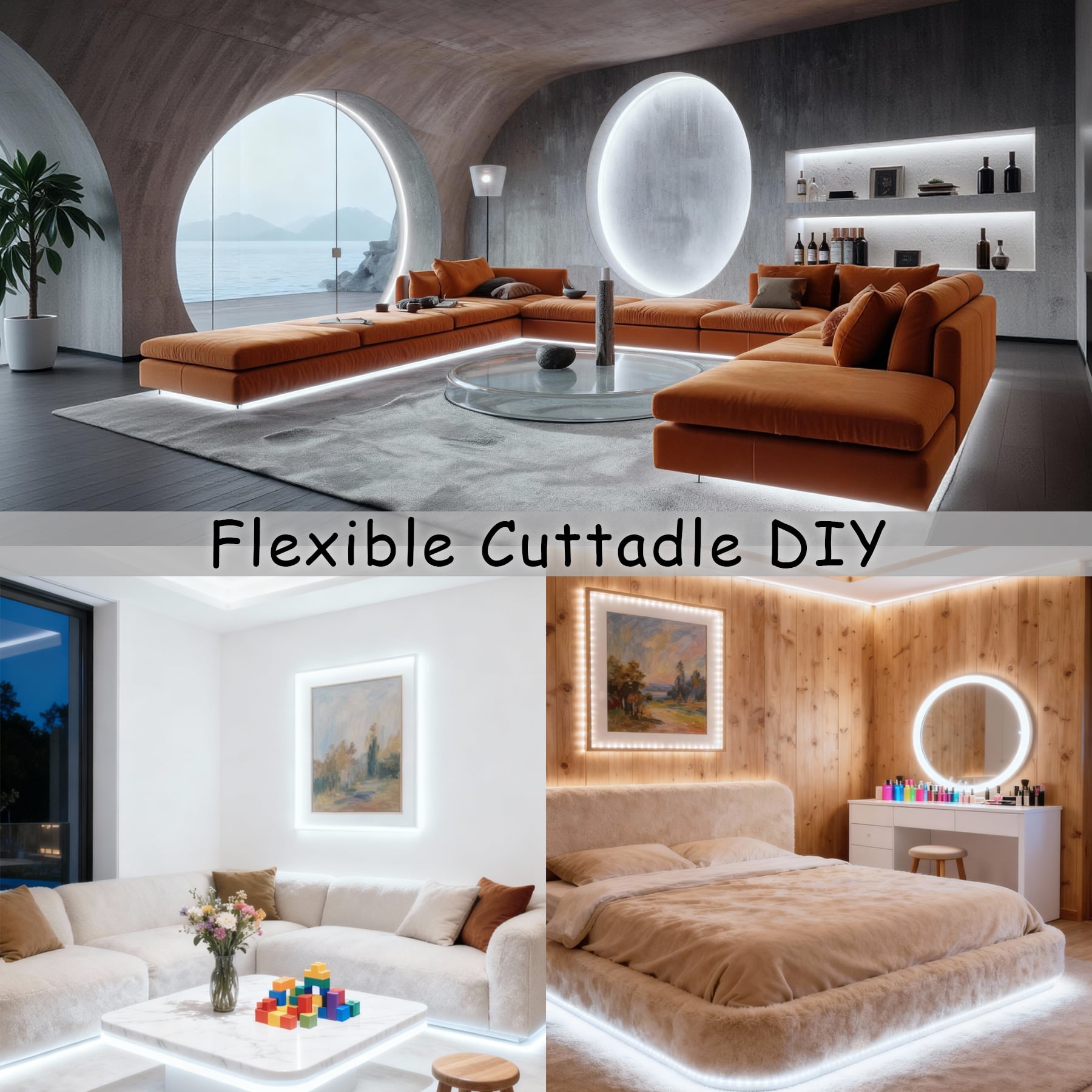 30 Ft White Led Strip Lights with Dimmer Control for Easter Housewarming Party Indoor Decor Cuttable Strip Lights for Baby Room Bedroom Living Room Kitchen