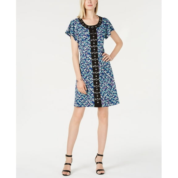 NY Collection Petite Grommet Trimmed Printed Dress Aqua Cubeduo PXL