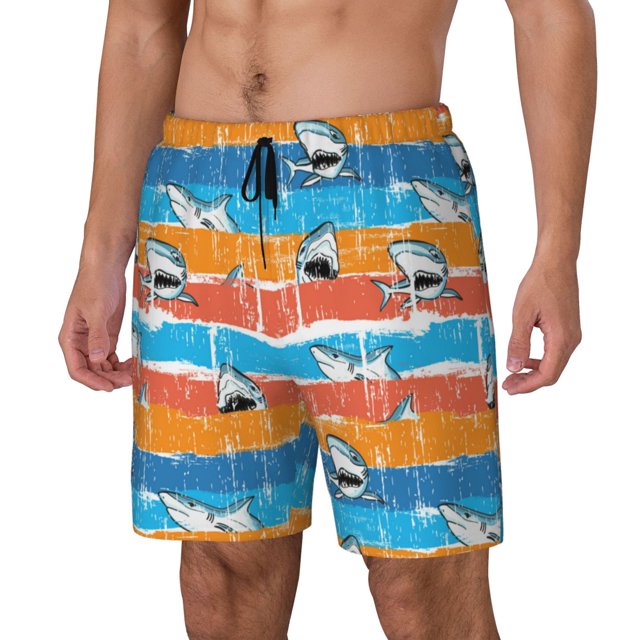 Kdxio Shark On Line Print Mens Swim Shorts with Mesh Lining, Breathable and Quick-Drying, Adjustable Waist, Privacy Pocket-Medium