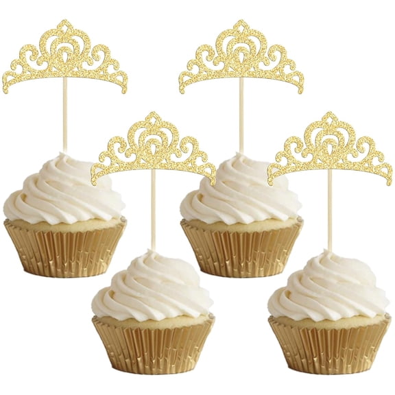 Princess Crown Cupcake Toppers,12Pcs Gold Glitter , Tiara Cake Picks for Girls Birthday, Baby Shower, Wedding Party Decorations