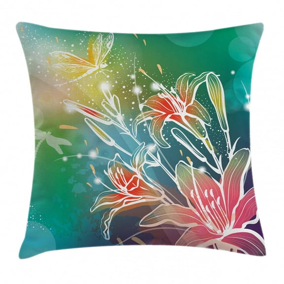 Dragonfly Throw Pillow Cushion Cover, Spring Theme Sketchy Digital Leaves Lilacs with Sunbeams Image, Decorative Square Accent Pillow Case, 20 X 20 Inches, Fern Green Blue and Purple, by Ambesonne