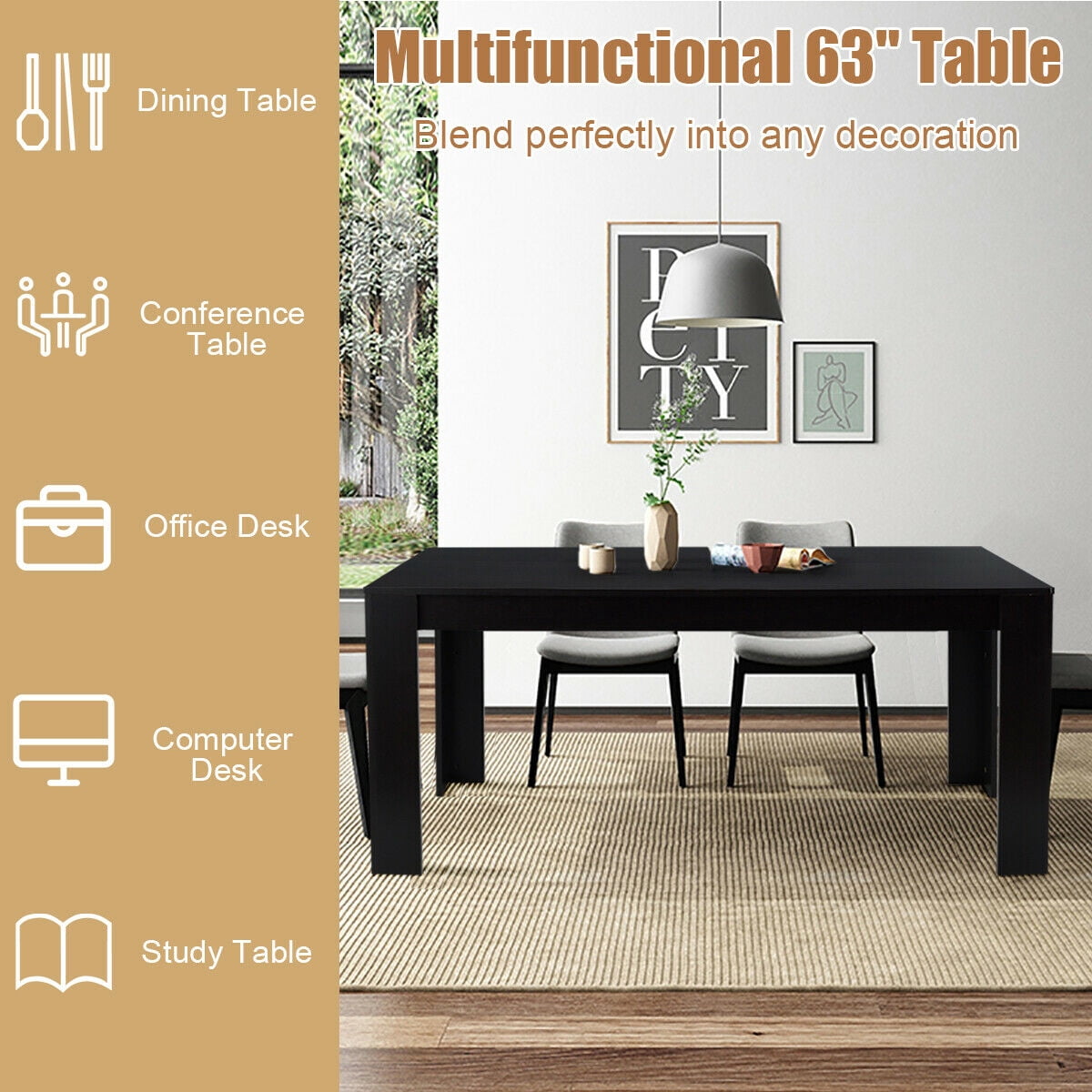 Gymax 63" Dining Table Rectangular Modern Kitchen Table For 6 People Home Furniture