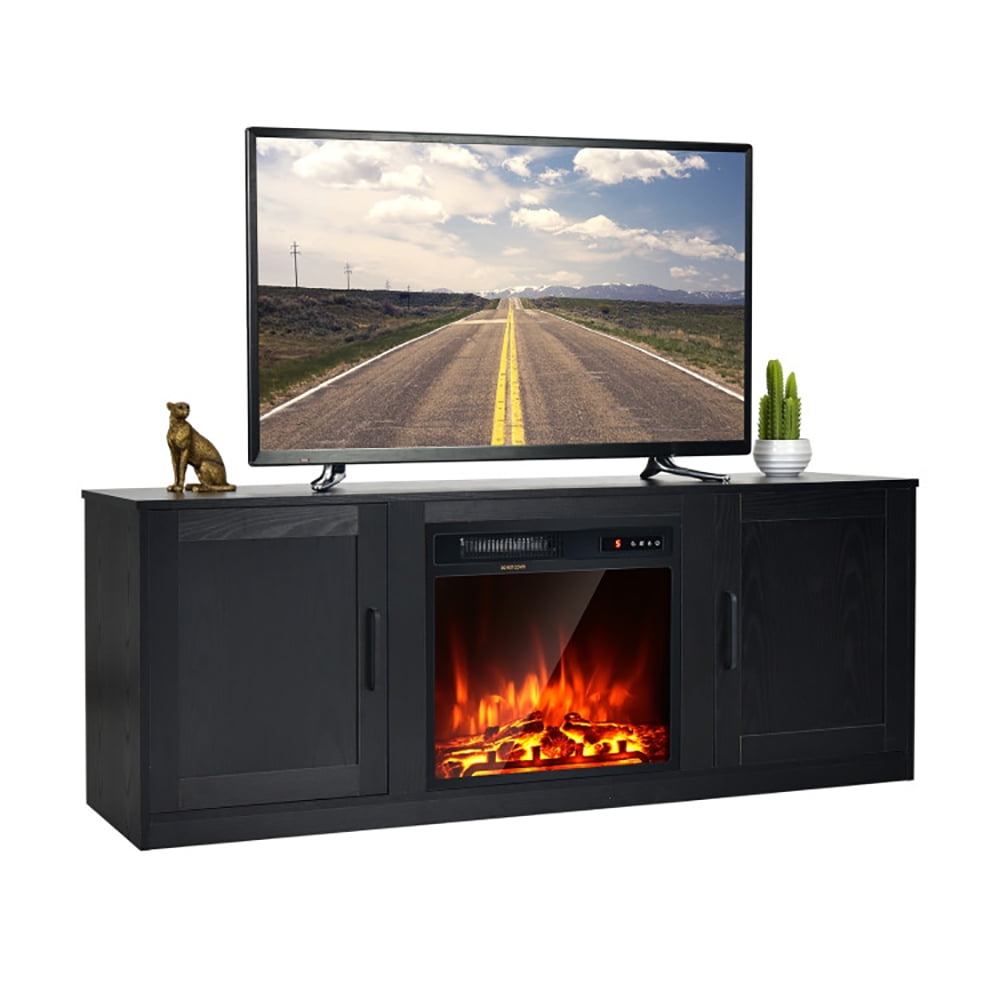Finihen TV Stand, TV Cabinet, 58 Inch TV Stand with 1500W Faux Fireplace for TVs up to 65 Inch, Media Entertainment Center with Storage, for Living Room, Bedroom, Black