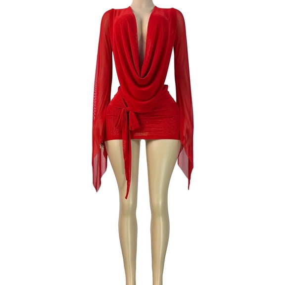 Women Mesh Deep V Draped Bodycon Mini Dress Flare Sleeve Party Clubwear Outfit