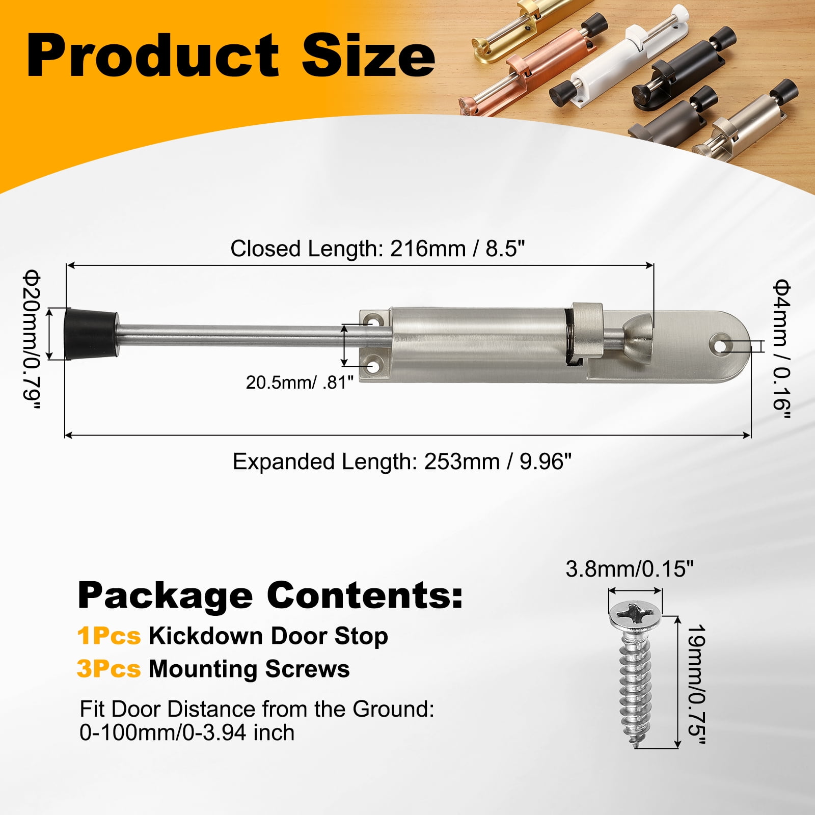 Uxcell Kickdown Door Stop, Zinc Alloy Spring Loaded Telescopic Step On/Off Adjustable Heavy Duty Foot-Operated Door Stop Holder for Ground Gap 0-100mm, Silver
