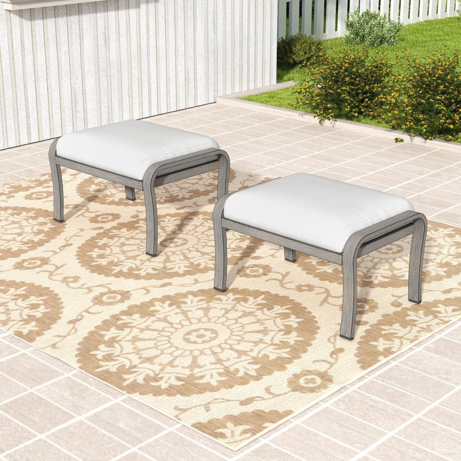 Set of 2 Outdoor Patio Ottomans, Aluminum Footstools with Cushions, Multifunctional Outdoor Seating or Side Table for Balcony, Deck, Backyard, Grey