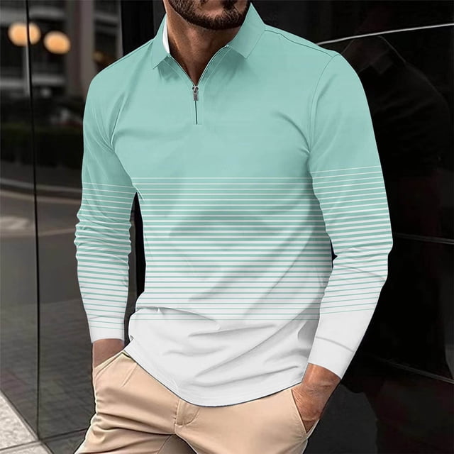 Blusa y camisa de manga larga con cuello vuelto para hombre, informal, holgada, con cremallera, a rayas, estampada, de poliéster.