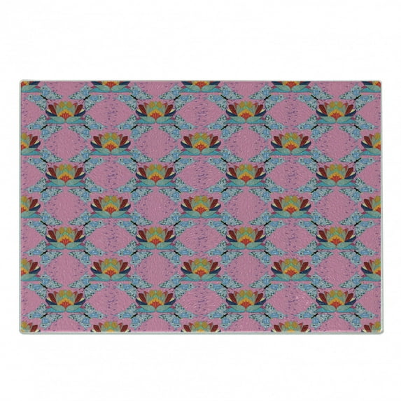 Lotus Cutting Board, Flower of Prosperity in Orient Sketch Illustration of Butterflies and Lotus, Decorative Tempered Glass Cutting and Serving Board, Small Size, Multicolor, by Ambesonne