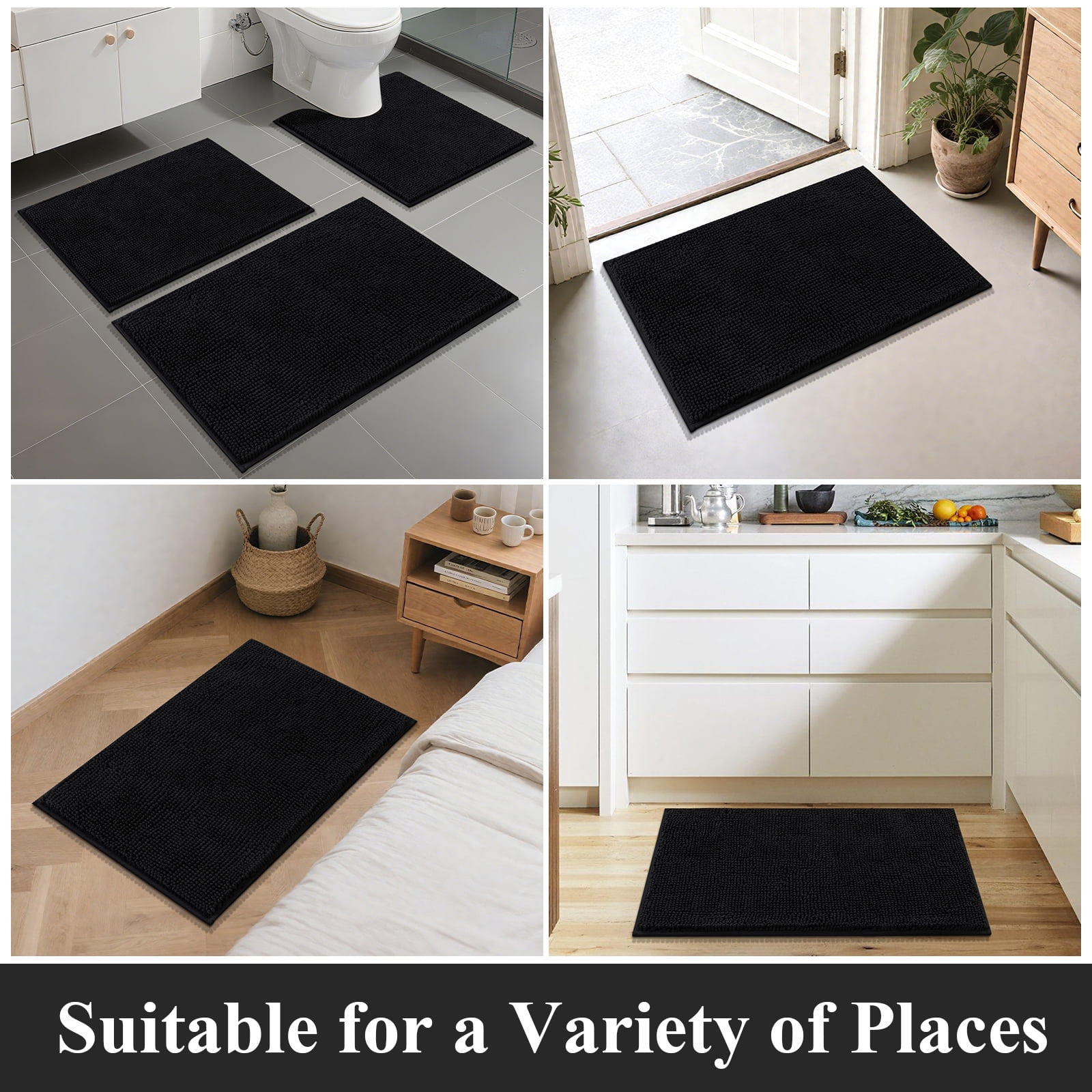 Vaukki Black Bathroom Rug Sets 3 Piece Ultra Soft Absorbent Shaggy Bath Mat Non Slip Toilet Rug for Bathroom