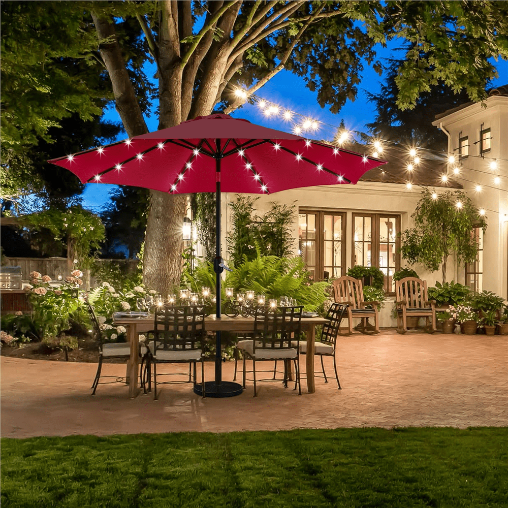 Renwick 9ft Outdoor Market Patio Umbrella with 32 LED Lights and Base Stand, Red