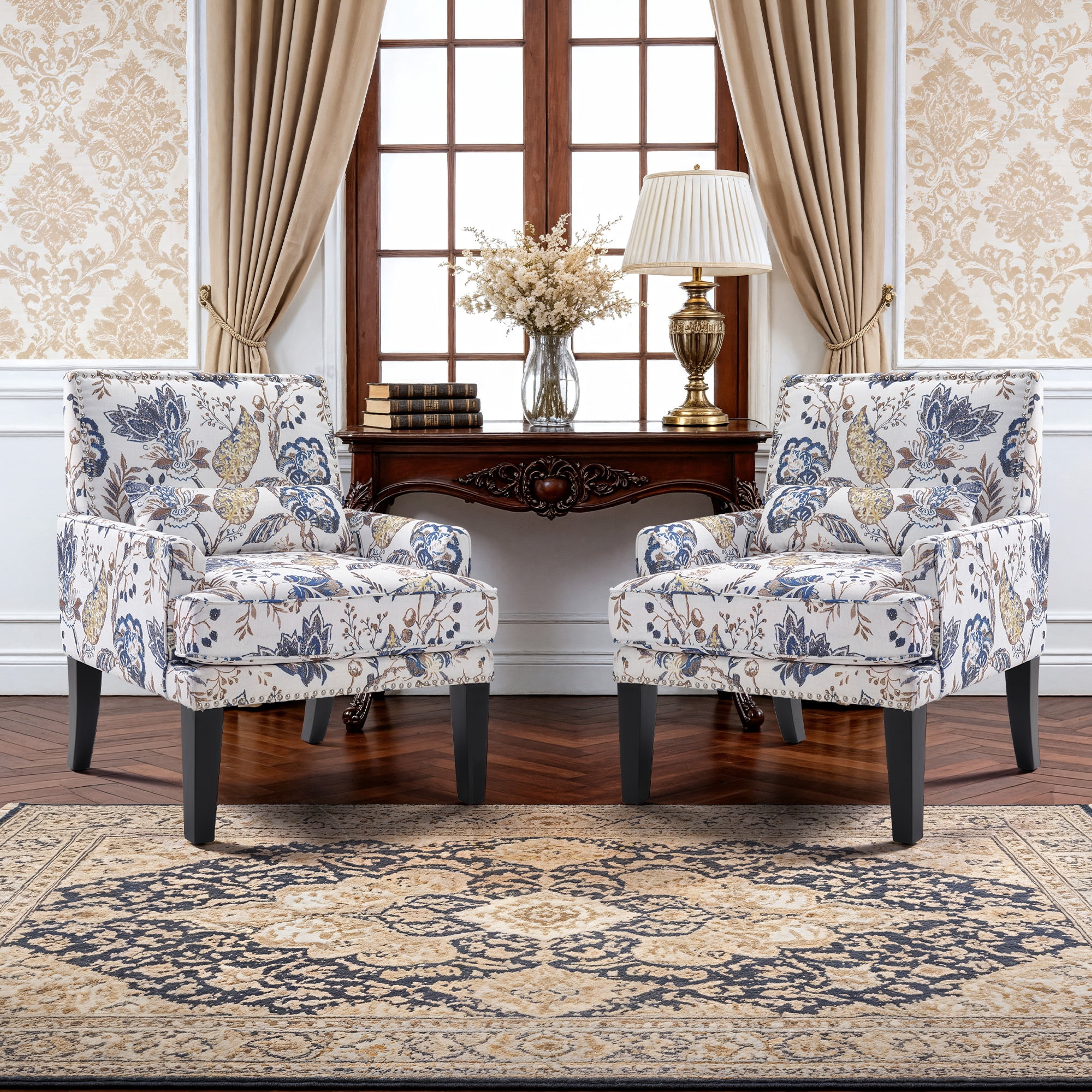 Bonzy Home Modern Floral Print Accent Chair with Arms and Wooden Legs, 2-Pack Mid‑Century High‑Back Wing Chair with Padded Armrests & Cushioned Seat for Living Room, Blue Yellow Floral