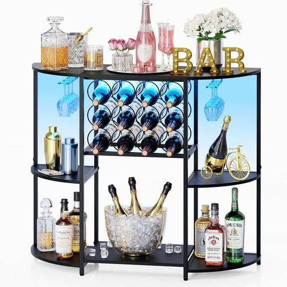 Wine Bar Cabinet with LED Lights, Mini Wine Bar Cart with Storage and Glass Holder, Home Bar Coffee Bar for Liquor, 3-Tier Bar Table for Kitchen, Dining Room, Living Room, Black