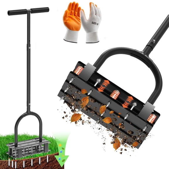 Lawn Air Aerator: 2-in-1 Reinforced Heavy Duty Manual Lawn Aerator with 15 Spikes, Automatic Dirt and Leaf Clean Design, Adjustable T-Handle, Handheld Aerator Lawn Tool for Grass Health & Yard