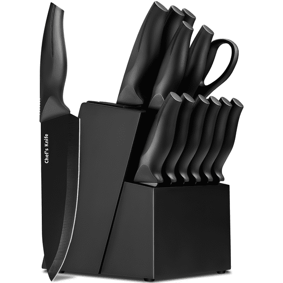 Xanapon 13-Piece Knife Set for Kitchen, Built-in Sharpener Block, German Stainless Steel, Dishwasher Safe, Black