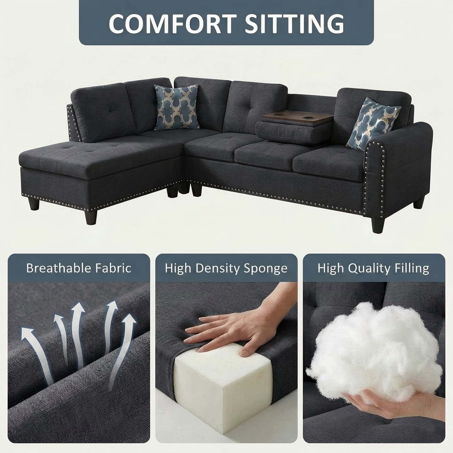 AENKYO 98" L-Shaped Upholstered Sectional Sofa Couch with Storage & Cup Holders, Faux Leather Living Room Sofa Set, Charcoal Gray