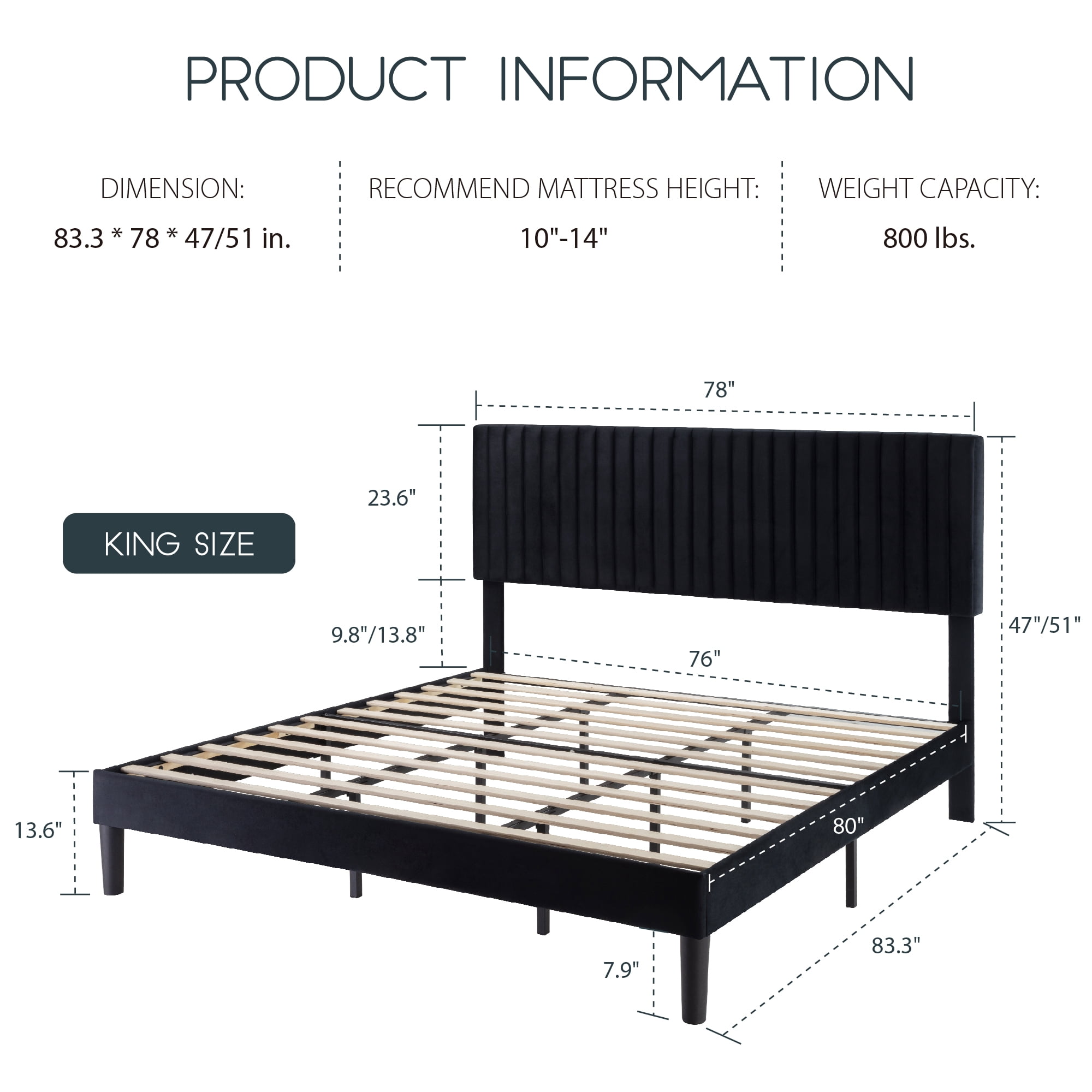Einfach King Size Platform Bed Frame with Upholstered Adjustable Velvet Vertical Tufted Headboard, Black
