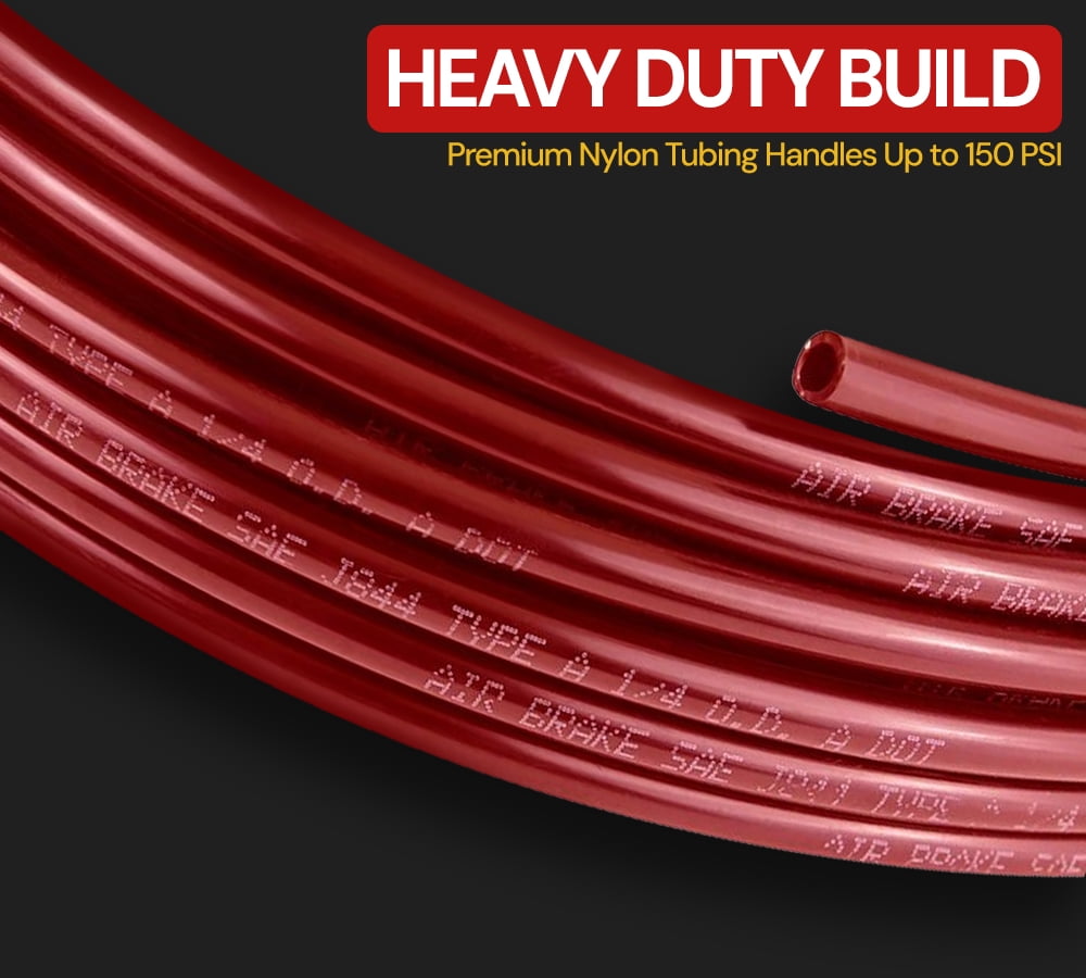 (2 Pack) 1/4" OD x 100' Red SAE J844 Nylon Air Brake Tubing DOT Approved | Pneumatic Nylon Air Line Hose for Air Brake System