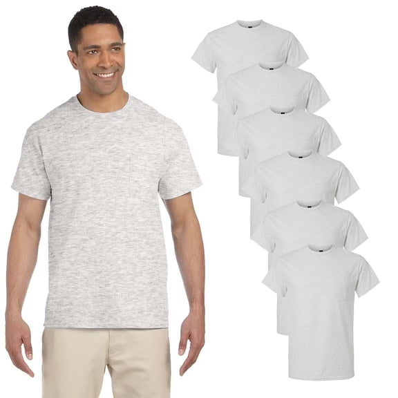 Gildan Ultra Cotton Short Sleeve Pocket T-Shirt, Classic Fit, Crew Neck Cotton Tee for Men, Ash, Pack of 6, XL