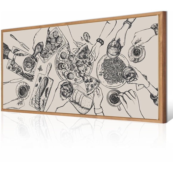 BINCUE Large Framed Wall Art Food and Drink Canvas Wall Decor Pizza Cheers Sketch Painting Retro Canvas Wall Art for Kitchen Dining Room Restaurant U