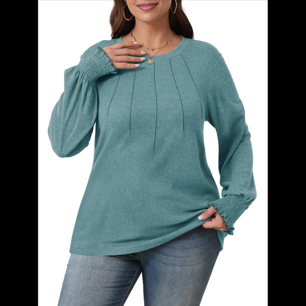 Camisas de Larga para Mujer, Blusas Plisadas Informales de Negocios con Cuello Redondo y Puños Fruncidos Lago Verde L